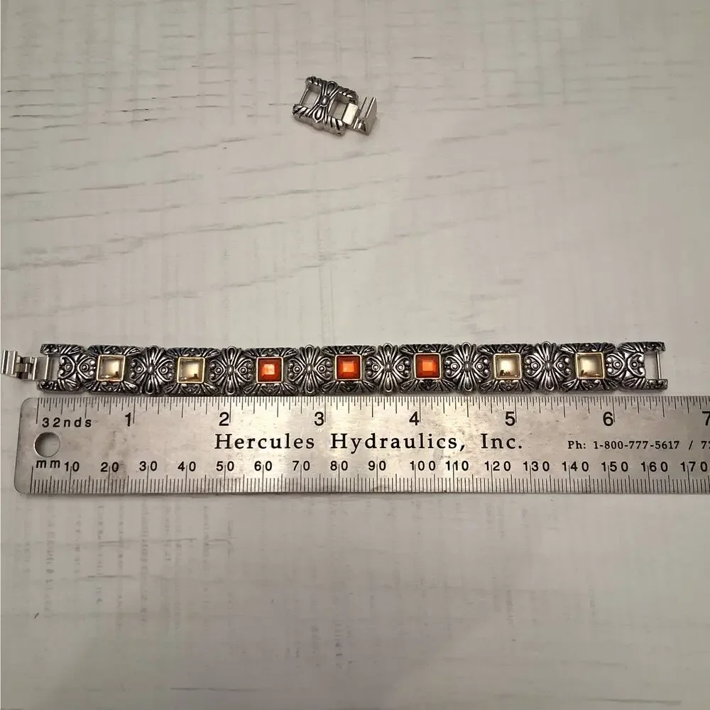 Silver Tone Vintage Style Bracelet with Red Rhinestones
